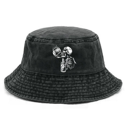 Skull Drunk Bucket Hat Distressed Hats Cap Washed Men Retro Outdoor Summer