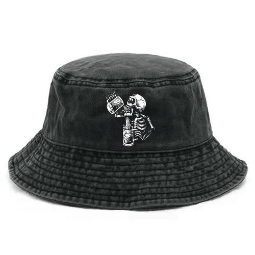 Skull Drunk Bucket Hat Distressed Hats Cap Washed Men Retro Outdoor Summer