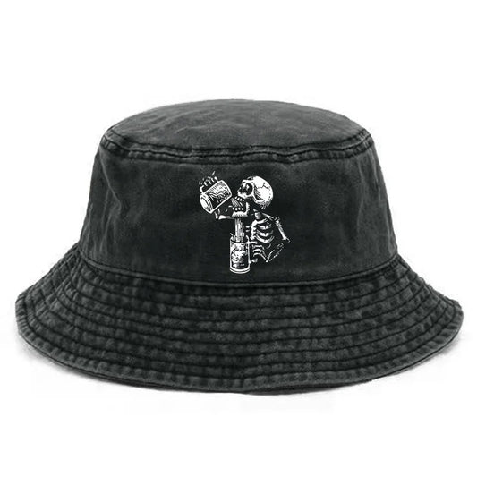 Skull Drunk Bucket Hat Distressed Hats Cap Washed Men Retro Outdoor Summer