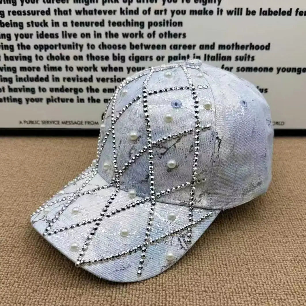 Unisex Retro Versatile Tie-Dye Quilted Rhinestone Imitation Pearl Baseball Cap