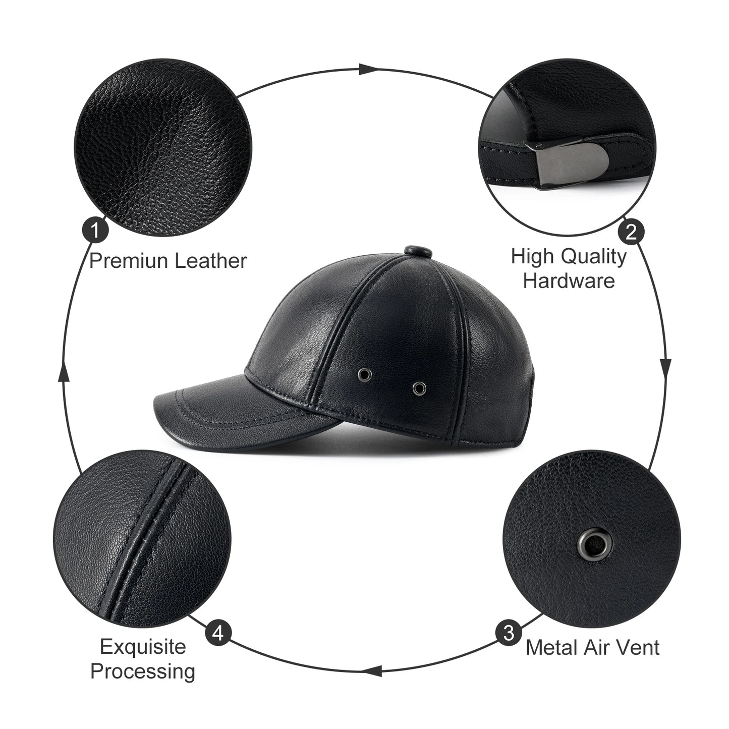 Men's Adjustable Baseball Cap Winter Driving Hunting Fishing Hat Genuine Leather Ivy