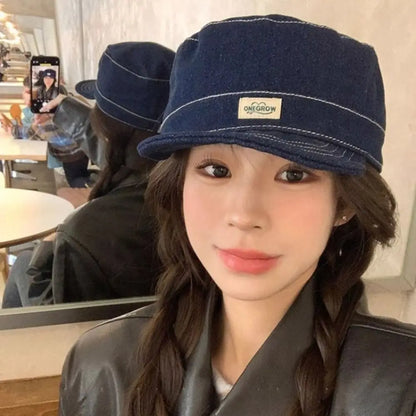 Fashion Blue Denim Baseball Cap Soft Top Short Brim Flat Top Hats