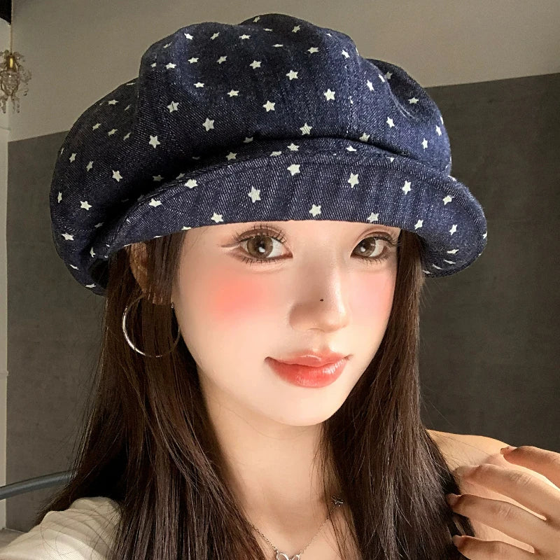 Korean Sweet Stars Printed Clouds Berets
