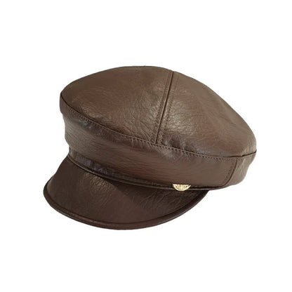 Vintage Pu Leather Octagonal Hat Women's Newsboy Cap Hundred With Outing Fall
