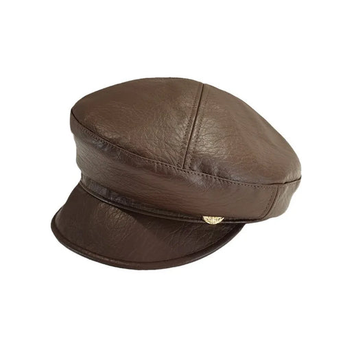 Vintage Pu Leather Octagonal Hat Women's Newsboy Cap Hundred With Outing Fall