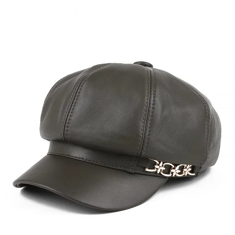 Harajuku Women Spring Octagonal Hat Female British Retro Genuine Leather Beret Caps