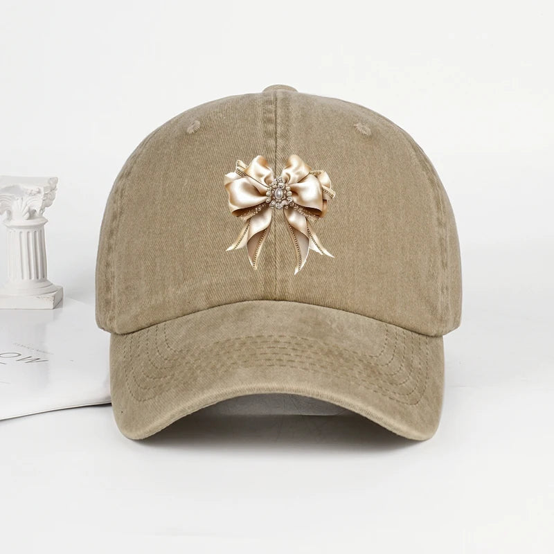 Satin Bow Print Washed Baseball Cap