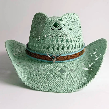 Hand-Woven Crochet Raffia Cowboy Hat