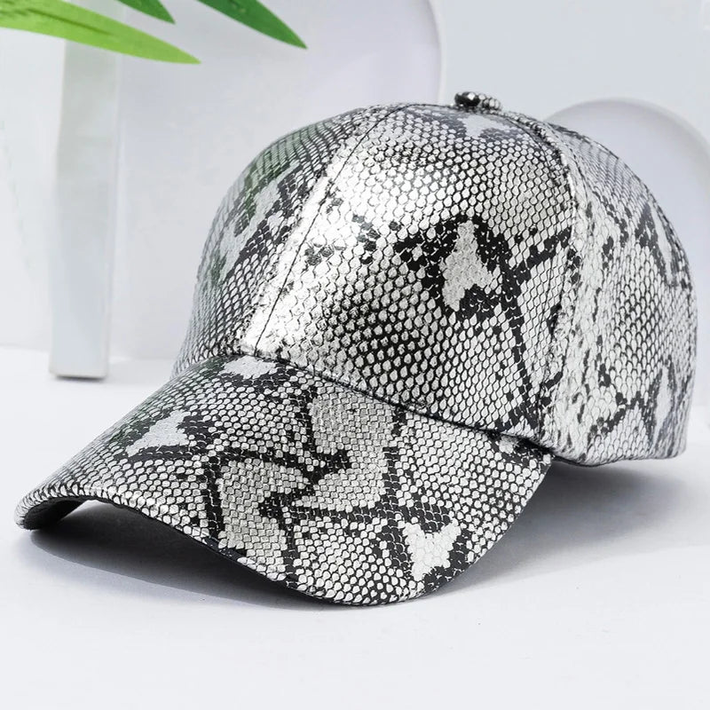 Snake Print PU Leather Baseball Cap, Adjustable Hip-Hop