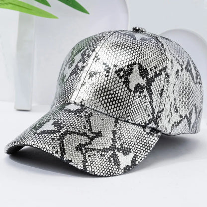 Snake Print PU Leather Baseball Cap, Adjustable Hip-Hop