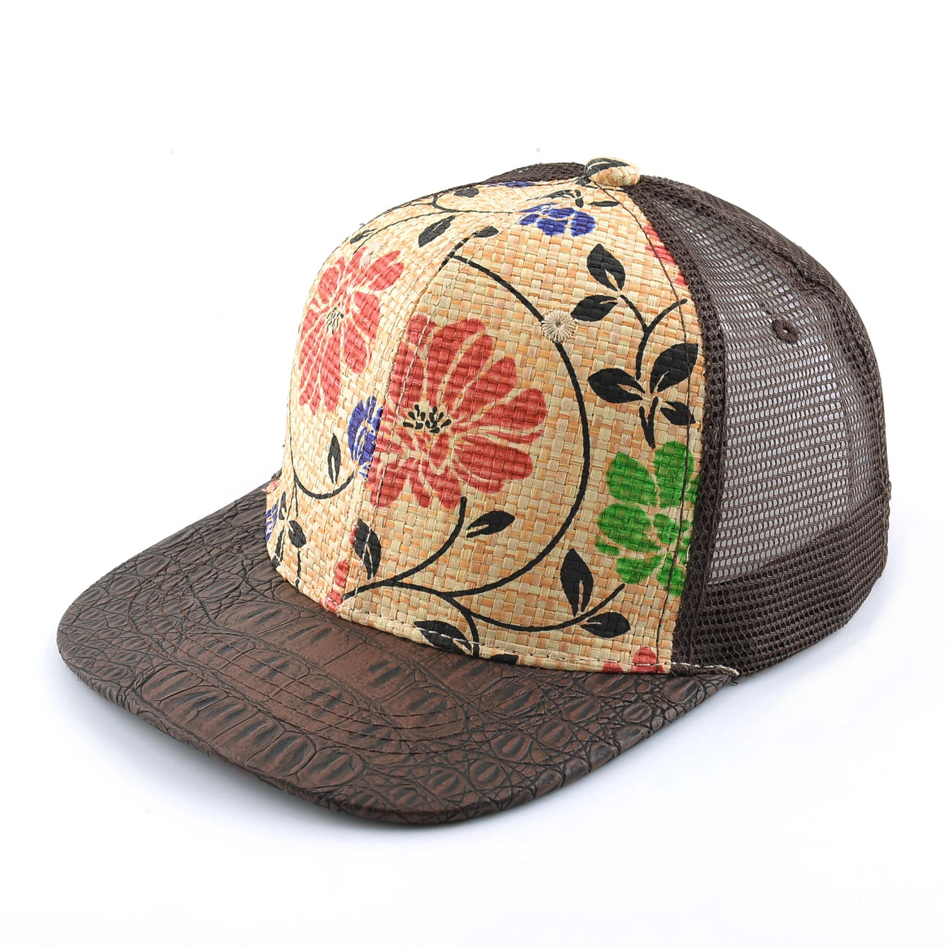 Straw Floral Flat Bill Baseball Cap Women Summer