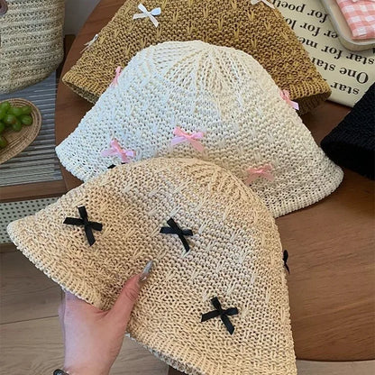 Korean Bowknot Straw Hat For Women Outdoor