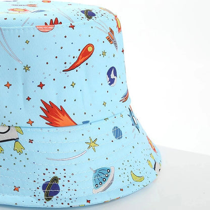 Kids Summer Sun Protection Cap Spaceship Planet Print Bucket Hat