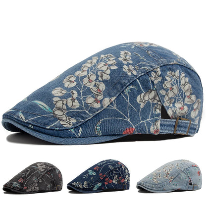 New Vintage Print Denim Beret Women Men Cotton Newsboy Cap Casual Visor Fashion Flat Hat