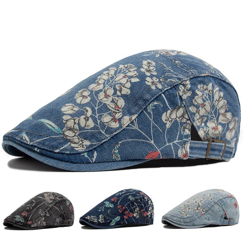 New Vintage Print Denim Beret Women Men Cotton Newsboy Cap Casual Visor Fashion Flat Hat