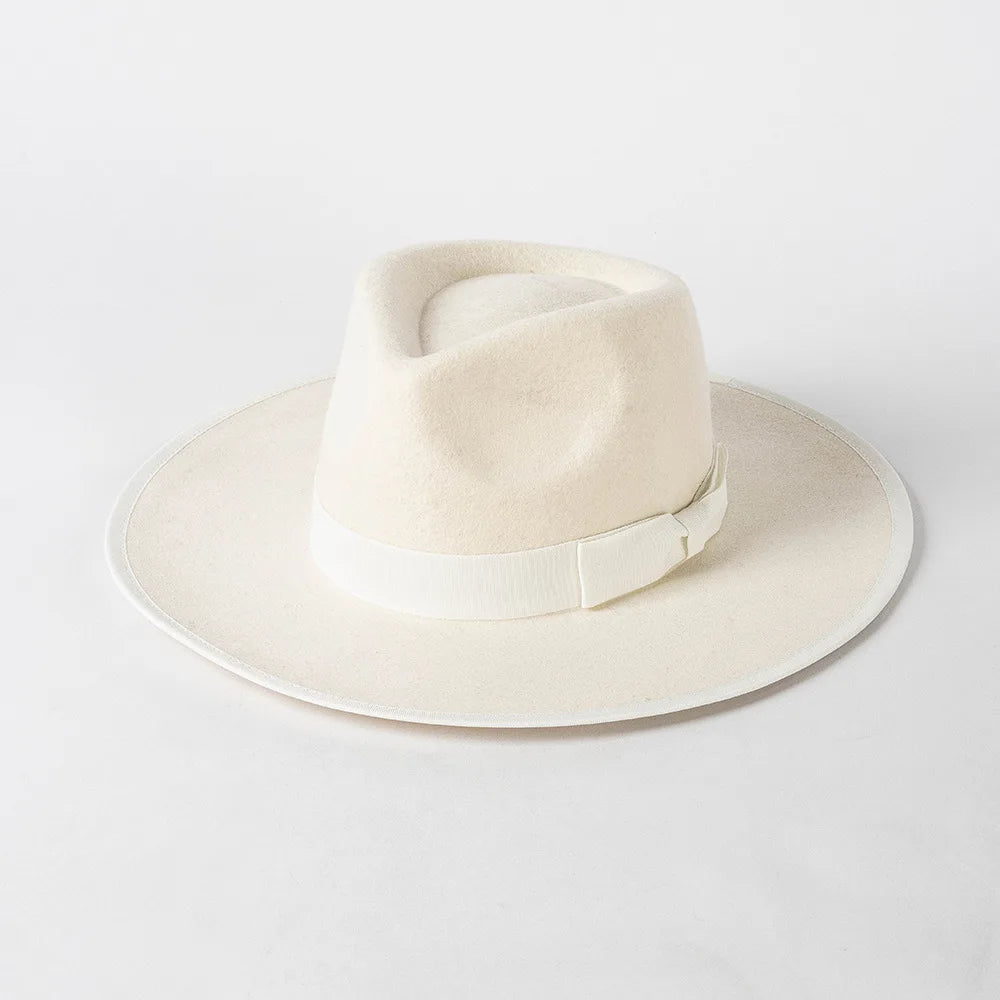 New British 100% Wool Fedoras Hat Women Retro Jazz Top Bow Felt Hat Men