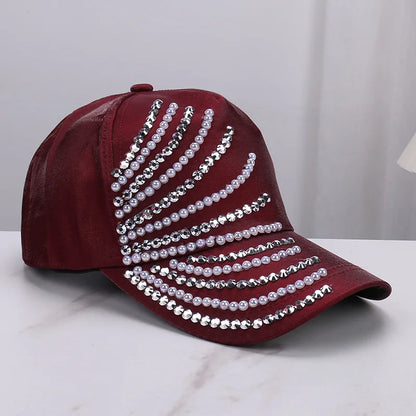 Satin Imitation Pearl Rhinestone Breathable Baseball Cap