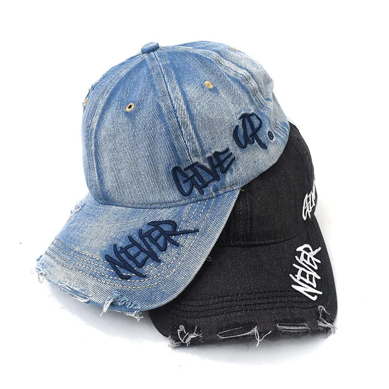 "Never Give Up" Embroidered Denim Baseball Cap
