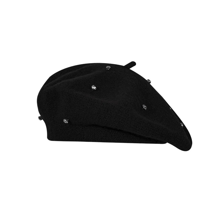 Rhinestone Women Beret Hat Autumn Winter Vintage French Artist Cap