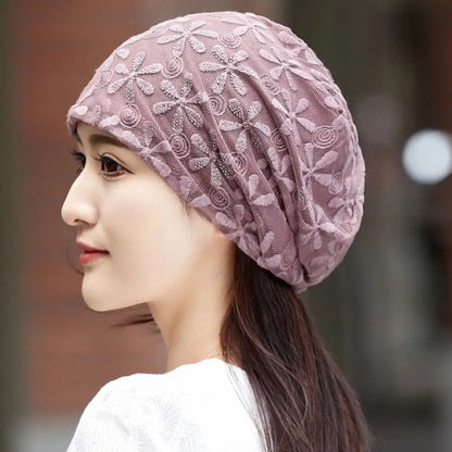 Autumn Lace Flower Beanies Cap Breathable Elegant Thin Crochet Slouchy Hat