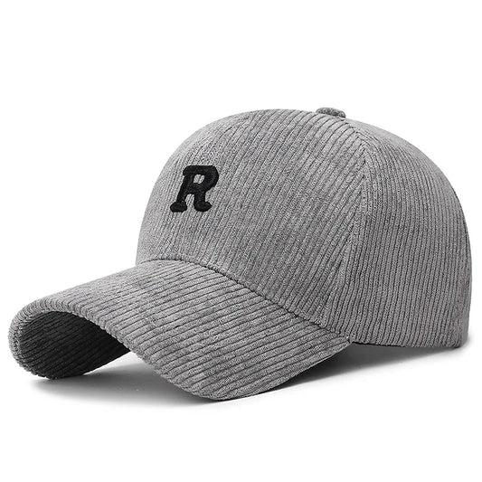 Corduroy Baseball Cap with 3D Embroidered 'R' Letter Solid Color