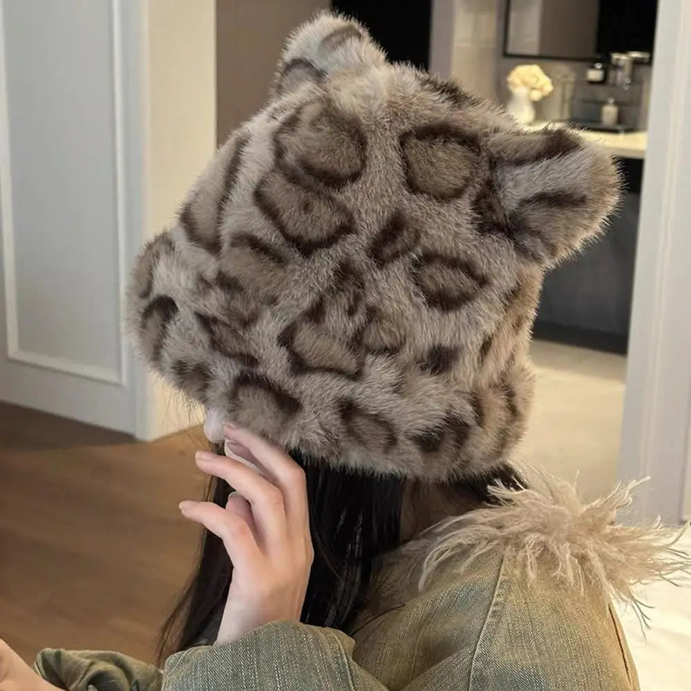 Leopard Print Fur Plush Beanie Teddy Bear Hat