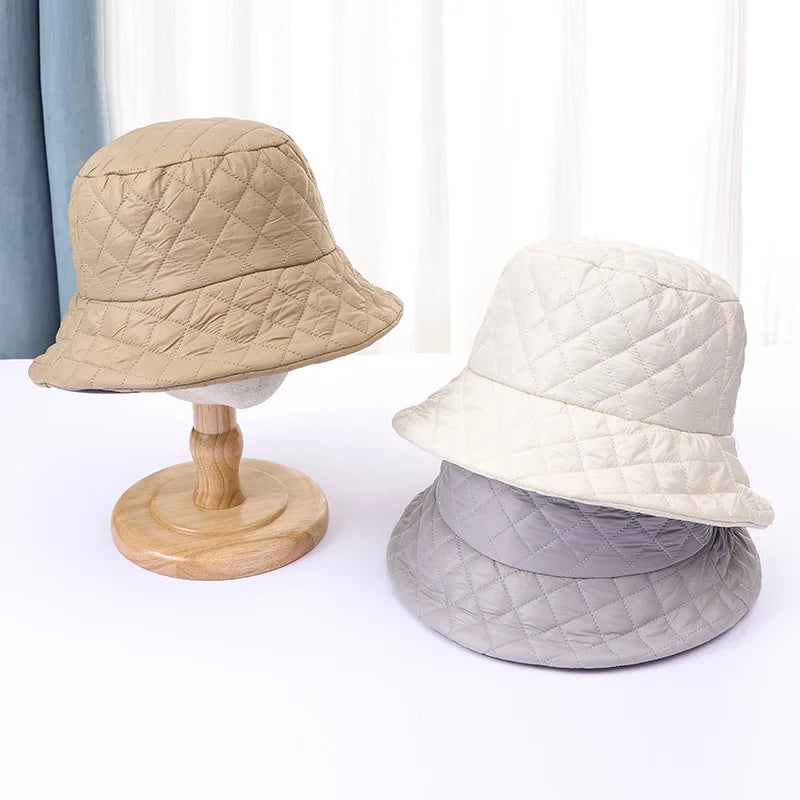 Winter New Ultra Light Down Cotton Rhombus Fisherman Hat  Cap Cotton Jacket Warm Korean Casual y2k Pot Hat