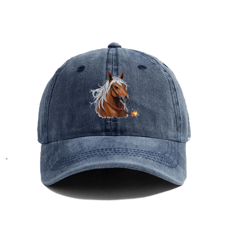 Vintage Washed Baseball Cap with Fantasy Horse & Letter Graphic Print