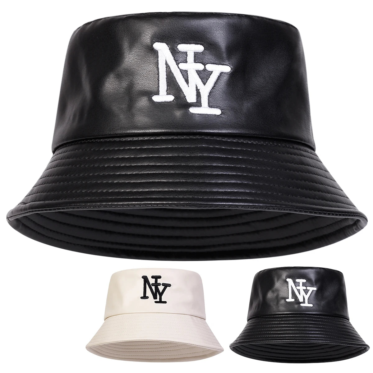 Unisex NY PU Leather Panama Fisherman Hat for Men Women Bucket Hat