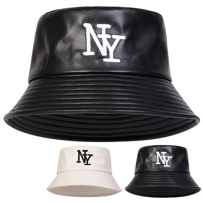 Unisex NY PU Leather Panama Fisherman Hat for Men Women Bucket Hat