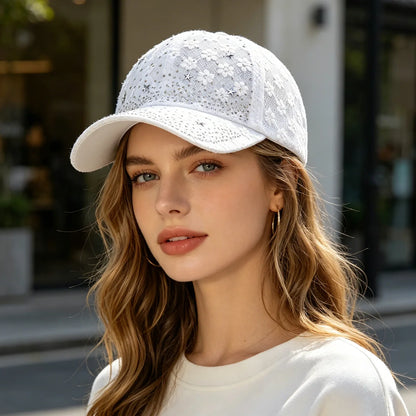 Shiny Rhinestone Lace Flower Baseball Cap