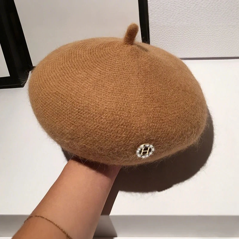 Women Beret Hats Angora Rabbit Fur Winter Warm Knitted Cap