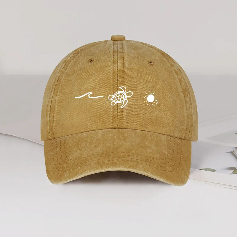 Retro Washed Baseball Cap With Wave Turtle and Sun Print Unisex Adjustable Dad Cap Summer Beach Sun Hat