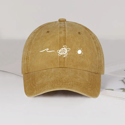Retro Washed Baseball Cap With Wave Turtle and Sun Print Unisex Adjustable Dad Cap Summer Beach Sun Hat