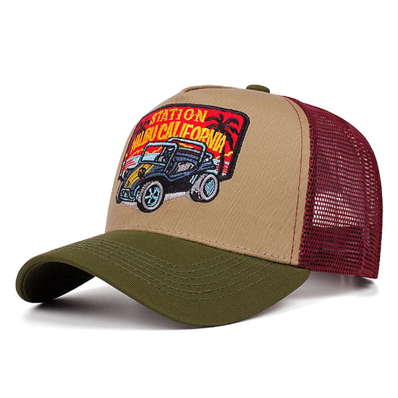 Creative Personalized Mesh Hat Coconut Tree Retro Convertible Car Embroidery Baseball Hat