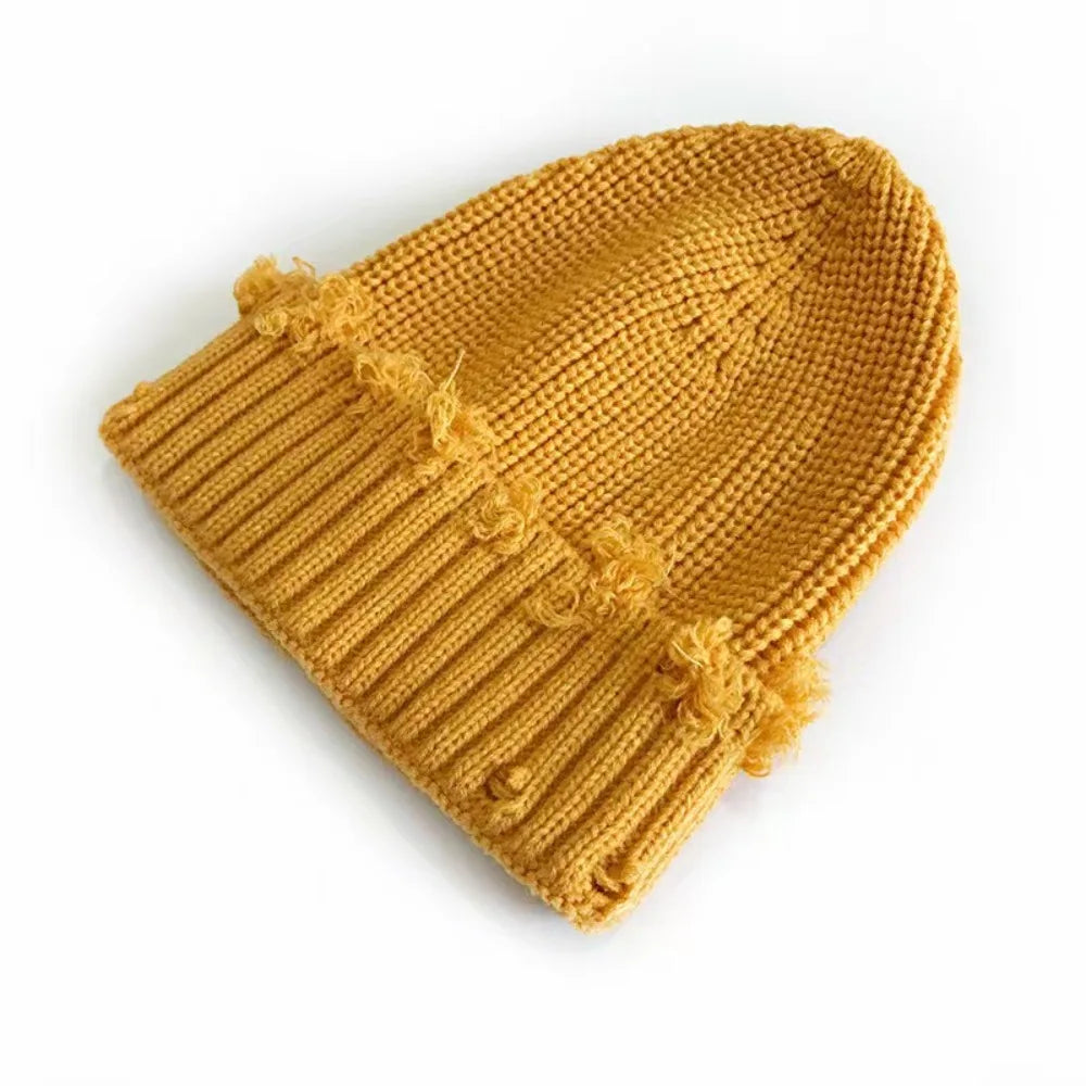 New Dilapidated Hole Knitted Hat Solid Color Ear Protection Warm Cap