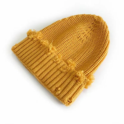 New Dilapidated Hole Knitted Hat Solid Color Ear Protection Warm Cap