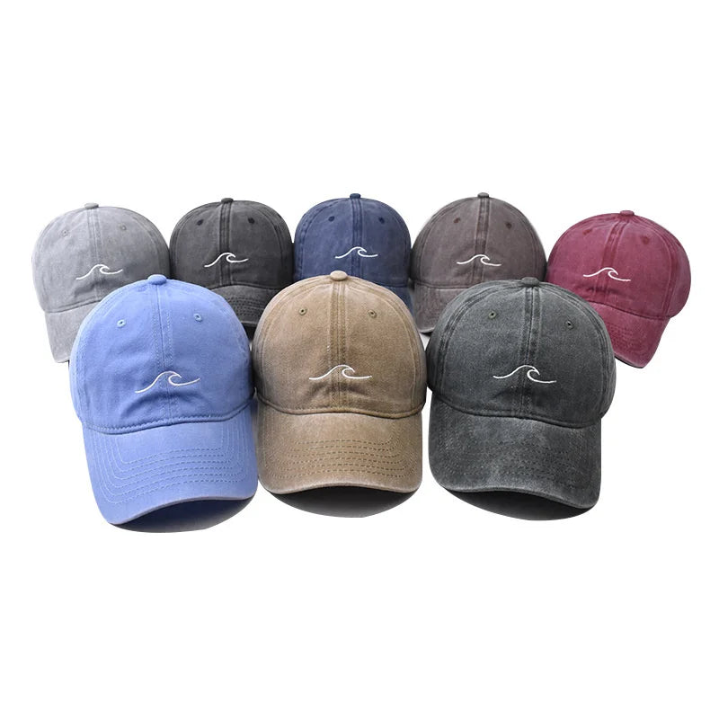 Washed Cotton Wave Embroidered Baseball Cap