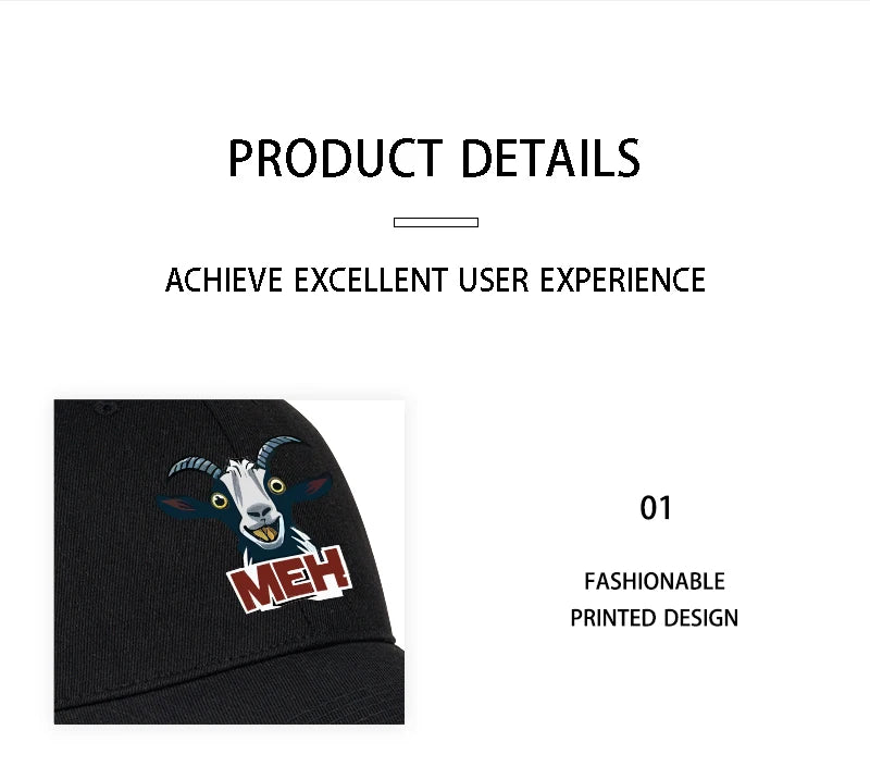Goat Head MEH Print Soft Top Baseball Cap Soft Comfortable Breathable Adjustable Playful Quirky Trendy Fashionable Unisex