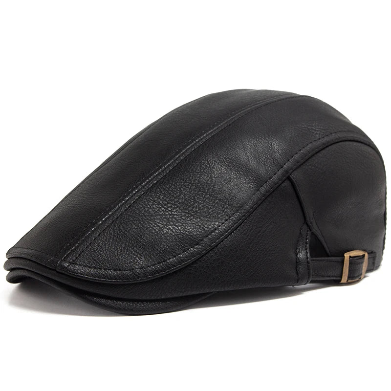 Fashion Men PU Leather Beret Autumn Winter Visor Flat Cap Thicken Warm Hat