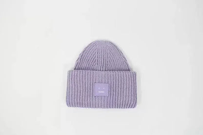 Warm And Cozy Knitted Beanie With Square Labels - Scandinavian Style Wool