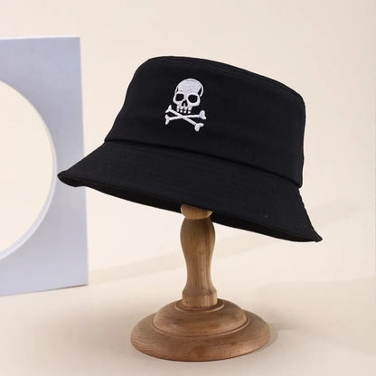 Summer Solid Bucket Hat For Women Embroidery Skull Breathable