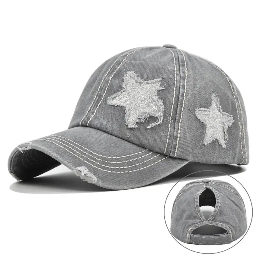 Retro Y2K Star Washed Denim Hole star Baseball cap