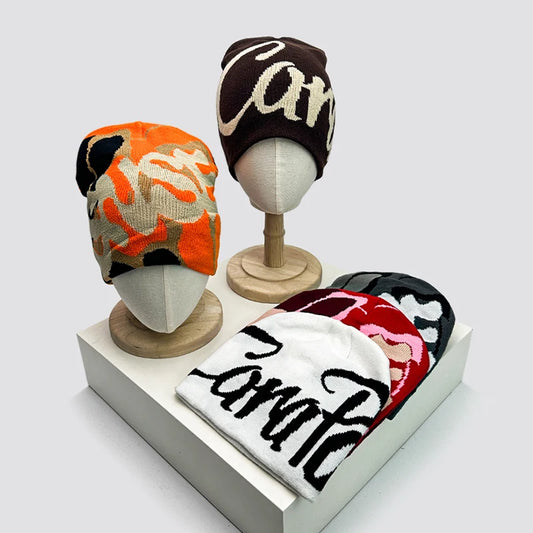 Letter Wool Knitted Hats Color Block Warm Personal Beanies