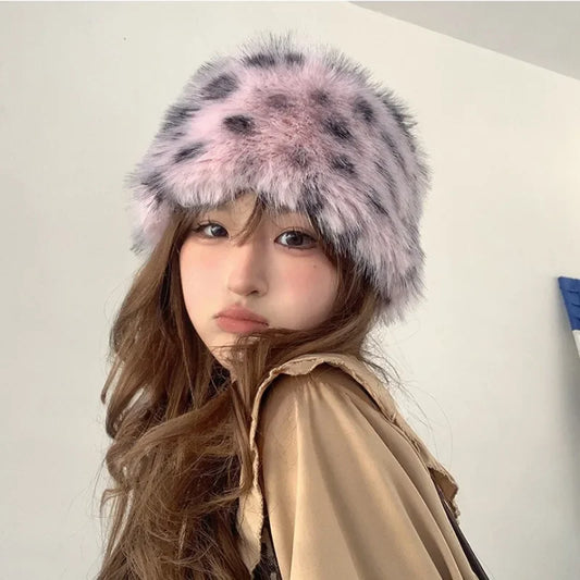 Retro Hot Girl Leopard Plush Bucket Hats Women