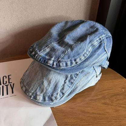 Korean Style Denim Striped Newsboy Baker Boy Cap