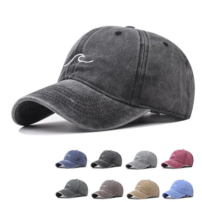 Washed Cotton Wave Embroidered Baseball Cap