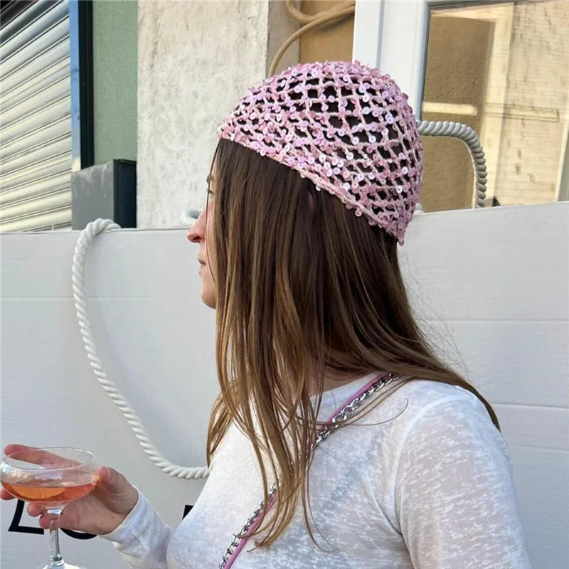 Sequins Solid Color Hollow Out Crochet Hair Net Woven Hair Cap