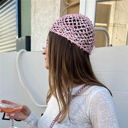 Sequins Solid Color Hollow Out Crochet Hair Net Woven Hair Cap