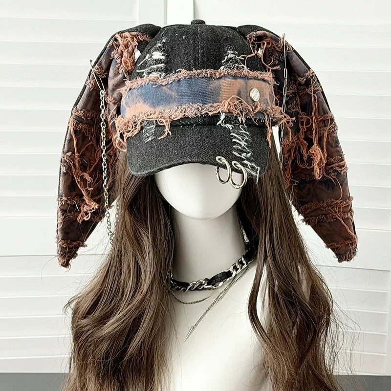 New Y2k Denim Fur-Edge Rabbit Ears Baseball Cap